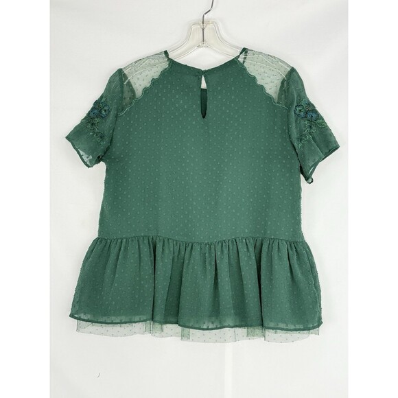 Zara Trafaluc Blouse Small Green Embroidered Ruffle Peplum Top Short Sleeves - Picture 4 of 16